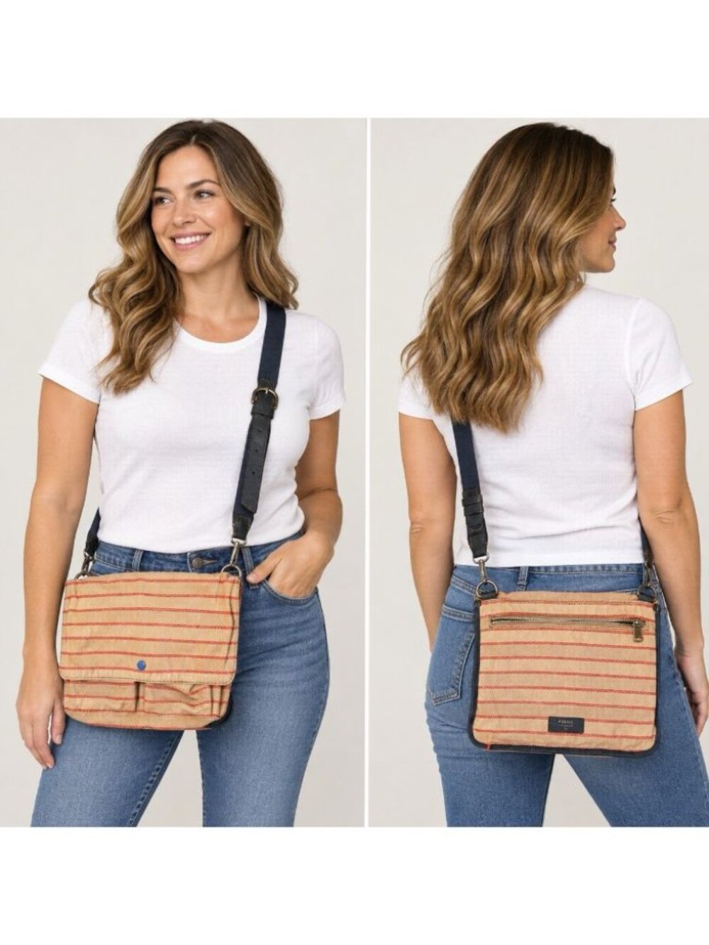 Fossil Canvas Crossbody Messenger Bag Tan Red Stripe Navy Leather Trim Pockets